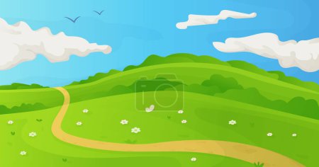 Ilustración de Paisaje de pradera de verano. Campos de hierba con flores y cielo con nubes esponjosas. Stock vector ilustración en estilo de dibujos animados. - Imagen libre de derechos