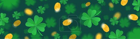 St Patrick shamrock pattern banner with flying gold coins on deep green background. 4 leaf clover. Stock vector illustration in realistic cartoon style