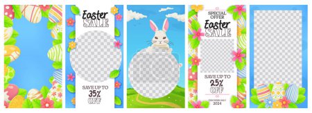 Kit de plantilla de historia de venta Pascua. Conejo de Pascua y huevos de fondo con espacio para la foto.. Ilustración vector Stock en estilo de dibujos animados.
