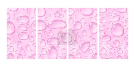 Hintergrund-Set mit rosa Wassertropfen. Kondensatserum oder Essenztropfen. Kosmetische Werbebanner. Aktienvektorillustration in realistischem Stil.