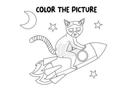 Kids coloring book page. Lemur on a rocket ship isolated on white background. Stock vector illustration in doodle line style