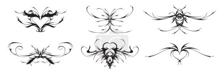 Neo Tribal y2k Tätowierung, Herz- und Schmetterlingsform, gotisches Pentagramm Ziege. Lagervektor Illustration Cyber-Sigilismus Stil handgezeichnete Ornamente.