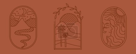 Désert oasis brun logo boho ensemble. sable, soleil, lune, fille, palmier, étoiles paysage icône esthétique. Illustration vectorielle de stock isolée sur fond blanc en style ligne.