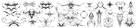 Tatouage néo tribal y2k, forme de coeur et de papillon, chèvre pentagramme gothique. Illustration vectorielle de stock style cyber sigilisme ornements dessinés à la main.