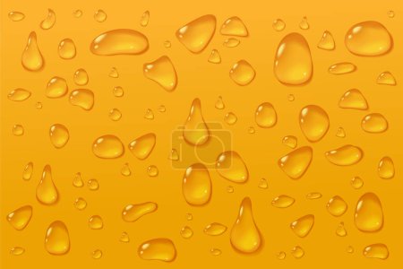 Bier abstrakt Hintergrund. Kondensatglas in Makrostruktur. Transparente Wassertropfen auf gelber Oberfläche. Kaltgetränk-Konzept Saft. Öl oder Champagner. Aktienvektorillustration in realistischem Stil.