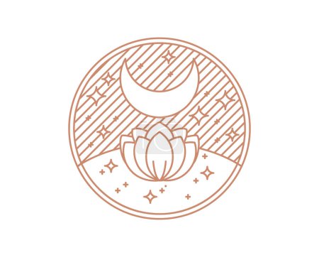 Mystisches braunes Boho-Logo. Nacht Lotus mit Mond und Sternen am Himmel runde Form ästhetische Ikone. Magisches spirituelles Konzept. Aktienvektorabbildung isoliert auf weißem Hintergrund im Linienstil.