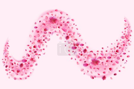 Pink sakura petals and flowers trail. Abstract cherry, rose or peach blossom particles flying in magic wind. Stock vector illustration in realistic style.