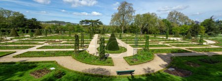 Panoramic of the Rose garden in the Bagatelle park at springtime. It is located in Boulogne-Billancourt near Paris, France