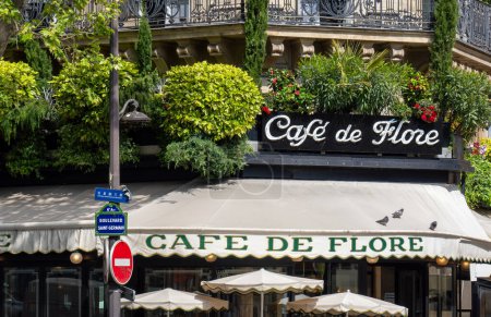 Photo for Paris, France - April 25 2024: The Cafe De Flore located at the corner of boulevard Saint Germain and rue Saint Benoit. - Royalty Free Image