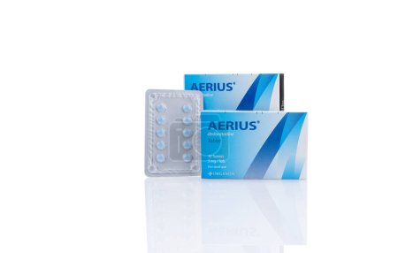 Photo for CHONBURI, THAILAND-OCTOBER 18, 2022: Aerius with packaging. Desloratadine tablets pill. Product of Organon. Antihistamine medicine for relieve allergic rhinitis and urticaria. Prescription drugs. - Royalty Free Image