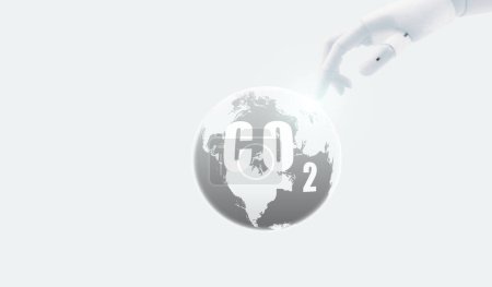 CO2 capture concept. Robot hand touch carbon dioxide on globe map. Carbon capture technology. Greenhouse gas. Artificial intelligence technology help reduce CO2. AI and environmental protection.