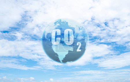 CO2 in globe map on blue sky. Greenhouse gas. Carbon dioxide gas global air climate pollution. Environment issue. Carbon dioxide in the air acting as a greenhouse gas. Primary cause of global warming.