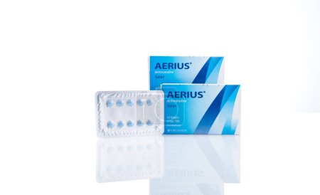Photo for CHONBURI, THAILAND-OCTOBER 18, 2022: Aerius with packaging. Desloratadine tablets pill. Product of Organon. Antihistamine medicine for relieve allergic rhinitis and urticaria. Prescription drugs. - Royalty Free Image