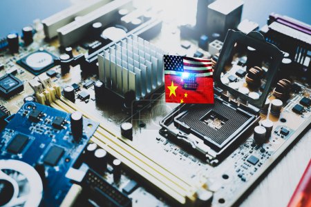 Foto de Chip shortage and US-China trade conflict. Global chip shortage crisis and China-United States trade war concept. China flag and US flag on computer on chip elctronic circuit board. Computer hardware. - Imagen libre de derechos