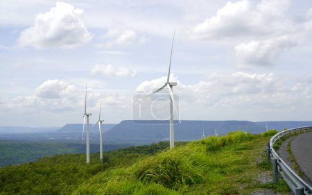 Photo for Wind energy. Wind power generation. Sustainable, renewable energy. Wind turbines generate electricity. Windmill farm. Green technology. Renewable resources. Sustainable development. Net zero emissions - Royalty Free Image