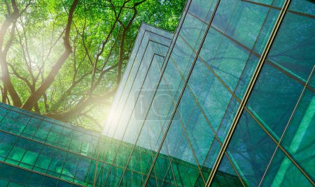 Nachhaltiges grünes Bauen. Umweltfreundliches Bauen in einer modernen Stadt. Nachhaltiges Bürogebäude aus Glas mit Baum zur Reduzierung von Kohlendioxid. Büro mit grüner Umgebung. Unternehmensgebäude reduzieren CO2.