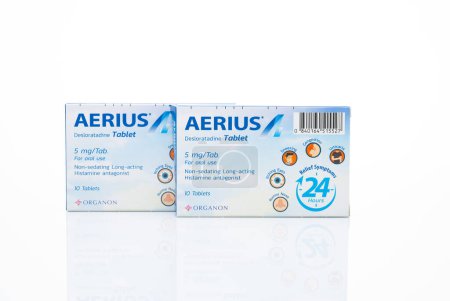 Photo for CHONBURI, THAILAND-MAY 3, 2023: Aerius with packaging on white. Desloratadine tablets pill. Product of Organon. Antihistamine medicine for relieve allergic rhinitis and urticaria. Prescription drugs. - Royalty Free Image