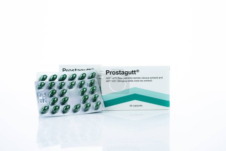 Photo for CHONBURI, THAILAND-OCTOBER 8, 2023: Prostagutt manufactured by Catalent Germany Eberbach GmbH. Saw Palmetto and Nettle extract capsule pill for Benign Prostatic Hyperplasia treatment. Wellness in BPH. - Royalty Free Image