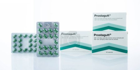 Photo for CHONBURI, THAILAND-OCTOBER 8, 2023: Prostagutt manufactured by Catalent Germany Eberbach GmbH. Saw Palmetto and Nettle extract capsule pill for Benign Prostatic Hyperplasia treatment. Wellness in BPH. - Royalty Free Image