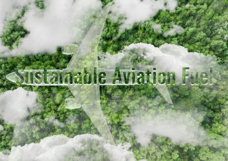 Photo for Sustainable aviation fuel concept. Net zero emissions flight. Sustainability transportation. Eco-friendly aviation fuel. Air travel. Future of flight with green innovation. Airplane use biofuel energy - Royalty Free Image