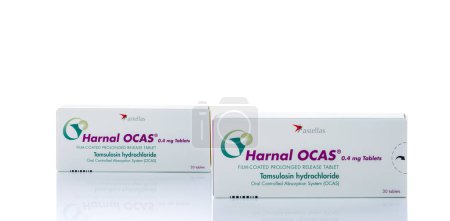 Photo for CHONBURI, THAILAND-OCTOBER 22, 2023: Harnal OCAS. Tamsulosin medicine for treatment Benign Prostatic Hyperplasia. Film-coated prolonged release tablet. Product of Astellas Pharma for treatment BPH. - Royalty Free Image