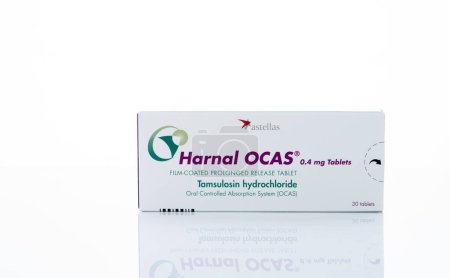 Photo for CHONBURI, THAILAND-OCTOBER 22, 2023: Harnal OCAS. Tamsulosin medicine for treatment Benign Prostatic Hyperplasia. Film-coated prolonged release tablet. Product of Astellas Pharma for treatment BPH. - Royalty Free Image