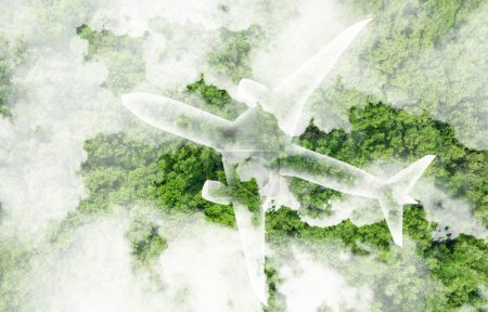 Sustainable aviation fuel concept. Net zero emissions flight. Sustainability transportation. Eco-friendly aviation fuel. Air travel. Future of flight with green innovation. Airplane use biofuel energy