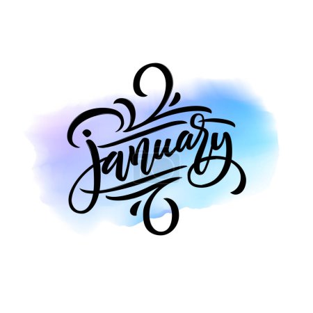 Téléchargez les illustrations : Handwritten lettering of winter month JANUARY on watercolor splash background. Vector illustration with calligraphy. Letters drawn with brush. Calendar typography template. Hello January. - en licence libre de droit