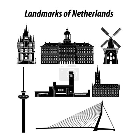 Téléchargez les illustrations : Ensemble de points de repère célèbres des Pays-Bas par style silhouette - en licence libre de droit