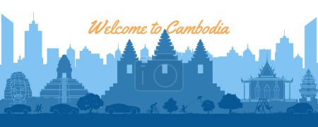 Téléchargez les illustrations : Cambodge célèbre point de repère dans le style de silhouette de scène de paysage urbain devant des tours - en licence libre de droit