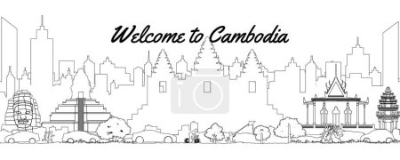 Téléchargez les illustrations : Cambodge célèbre point de repère dans la silhouette de la scène du paysage urbain style ligne devant des tours - en licence libre de droit