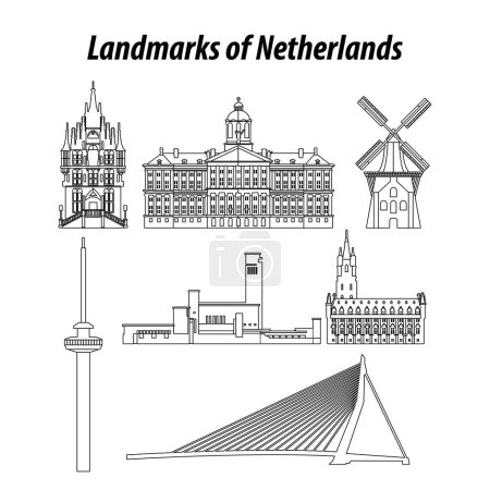 Téléchargez les illustrations : Ensemble de points de repère célèbres des Pays-Bas par silhouette style contour - en licence libre de droit