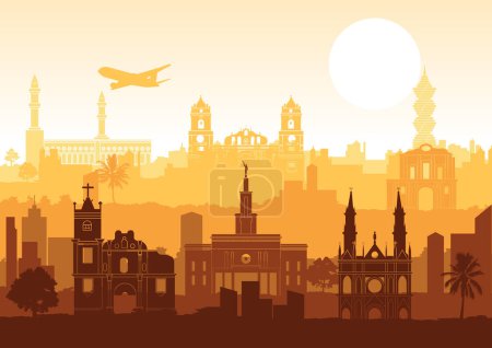 Illustration for Panama famous landmark silhouette style with row design on sunset time - Royalty Free Image
