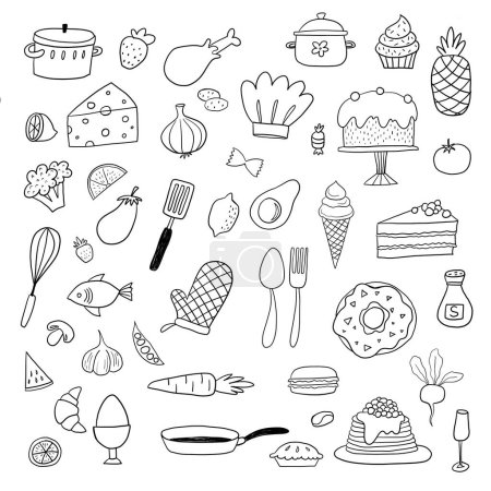 Food doodle hand drawn sketch symbols and objects. Set of kitchen and cooking elements.