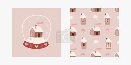 Illustration for Set of hand Christmas greeting card and winter seamless pattern in scandinavian style. Cute scandinavian houses and Christmas tree. Vector illustration for winter season. - Royalty Free Image