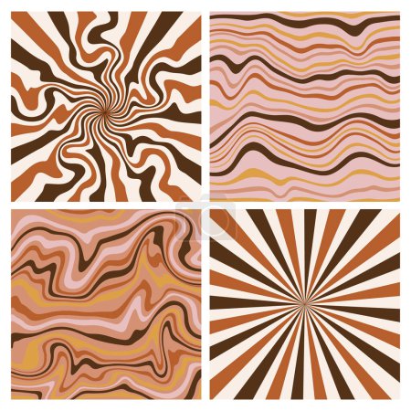 Ilustración de Groovy hippie 70s backgrounds. Waves, swirl, twirl pattern. Twisted and distorted vector texture in trendy retro psychedelic style. Y2k aesthetic. - Imagen libre de derechos