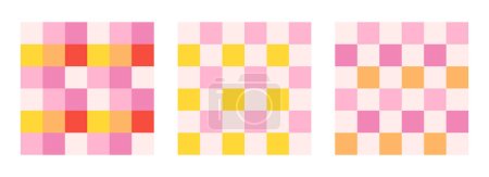Téléchargez les illustrations : Checkerboard rétro fond groovy ensemble. Textures géométriques carrées pastel dans le style vintage Y2K. Hippie modèles des années 70. Dessins de motifs à carreaux. Couleurs rose, rouge et jaune. - en licence libre de droit