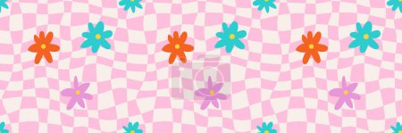 Cute daisy flowers on the distorted pink cage background. Groovy vector seamless pattern in y2k aesthetic. 90s, 00s style. Retro blossom backdrop