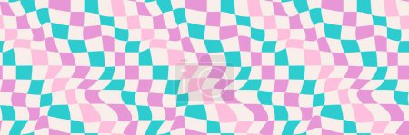 Wavy checkered horizontal background. Abstract vector seamless pattern in style 60s, 70s. Retro wavy psychedelic checkerboard. Cool colors