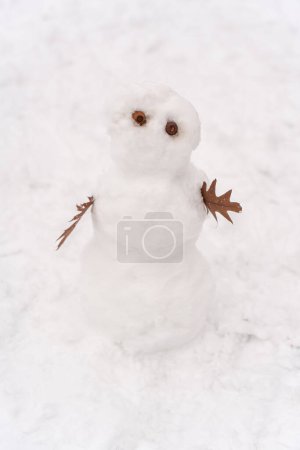 Foto de Hombre de nieve divertido de pie en el bosque de invierno. Vista vertical del muñeco de nieve lindo en la hermosa naturaleza. Foto de stock - Imagen libre de derechos