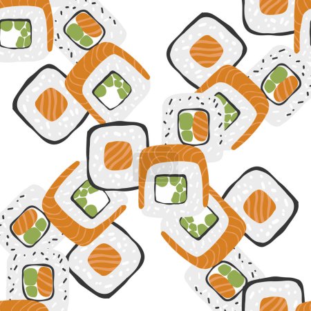 Ilustración de Patrón sin costura con variación ilustración de rollo de sushi sobre fondo blanco. - Imagen libre de derechos