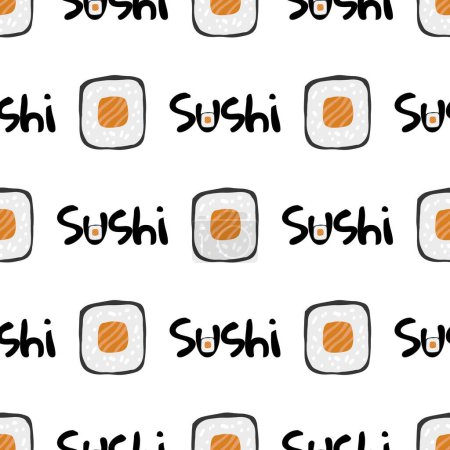 Ilustración de Patrón sin costuras con texto de sushi y rollo maki ilustración sobre fondo blanco. - Imagen libre de derechos