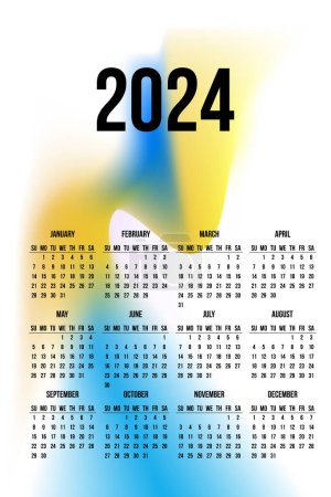 Kalender 2024 auf abstraktem Hintergrund hellblau und gelb Farbverlauf auf weiß.
