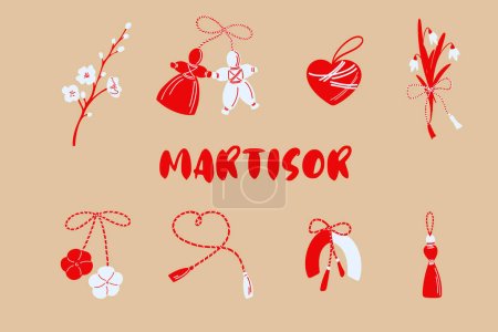 Martisor Themed Illustrations Collection Symbole auf Beige zum Frühlingsfest.