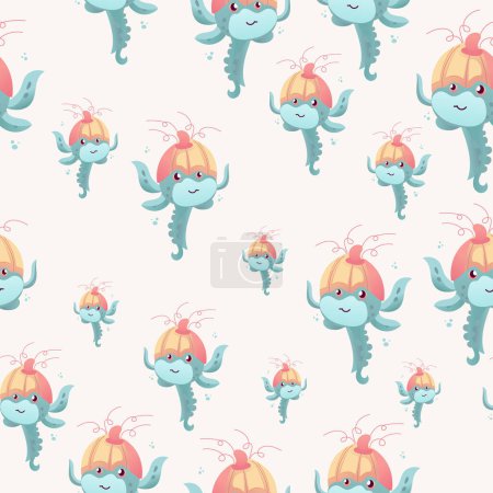 Photo for Pattern of cartoon monsters illustration sprite flat style. Happy and funny sea octopus monster swimming and looking on light background. Illustration for children - Royalty Free Image