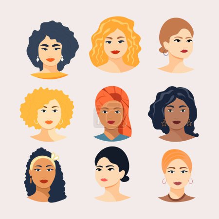 A collection of vector avatars of modern multicultural multinational women with different hairstyles. A set of portraits of young women of different races. Bright vector illustration in a flat style