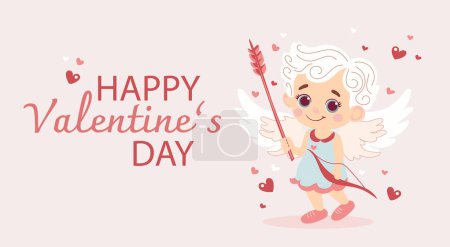 Herzliche Romantik: Valentinstag Vektor Illustration mit Herzen und Amor. Postkarte auf hellrosa Hintergrund