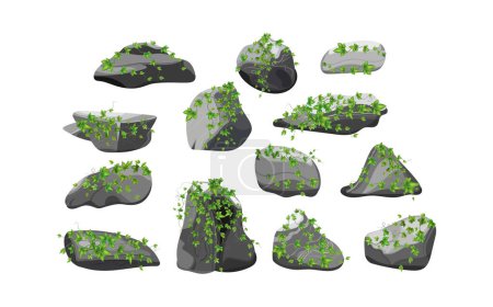 Coastal pebbles,cobblestones,gravel,minerals and geological formations.Collection of stones of various shapes and plants.Rock fragments,boulders and building material.Vector illustration.
