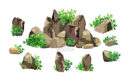 Illustration for Coastal pebbles,cobblestones,gravel,minerals and geological formations.Collection of stones of various shapes.Rock fragments,boulders and building material.Vector illustration. - Royalty Free Image