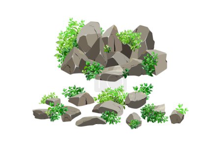 Illustration for Coastal pebbles,cobblestones,gravel,minerals and geological formations.Rock fragments,boulders.Collection of stones of various shapes and plants, for computer games isolated on white background. - Royalty Free Image